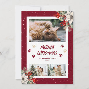 Red Paws Snow Poinsettia Photo Christmas Card