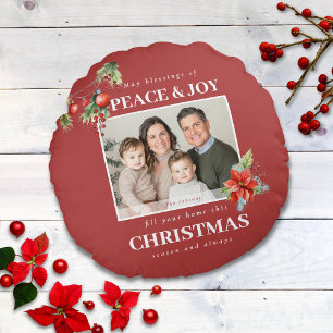 Red Peace and Joy Photo Christmas Round Cushion