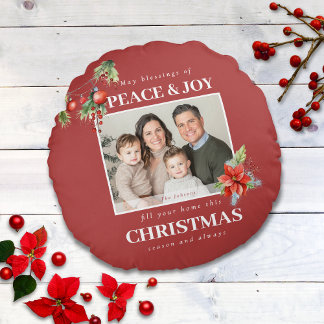 Red Peace and Joy Photo Christmas Round Cushion