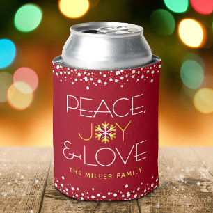 Red Peace Joy Love Christmas Bold Modern Snowflake Can Cooler