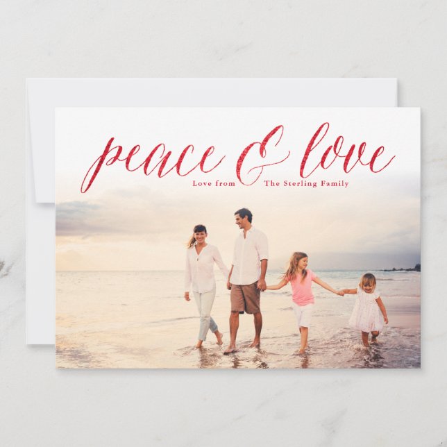 Red Peace & Love Glitter Look Photo Holiday Card (Front)