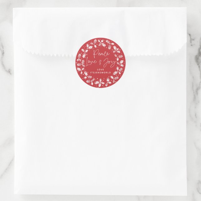 Red Peace Love+Joy Holly Wreath Classic Round Sticker (Bag)