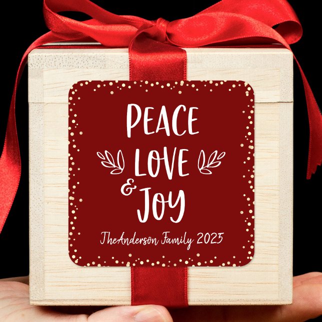Red Peace Love Joy Quote Typography Modern Custom Square Sticker (Creator Uploaded)