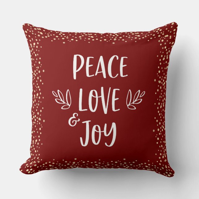 Red Peace Love Joy Script Gold Foil Dots Modern  Cushion (Front)