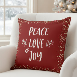 Red Peace Love Joy Script Gold Foil Dots Modern  Cushion