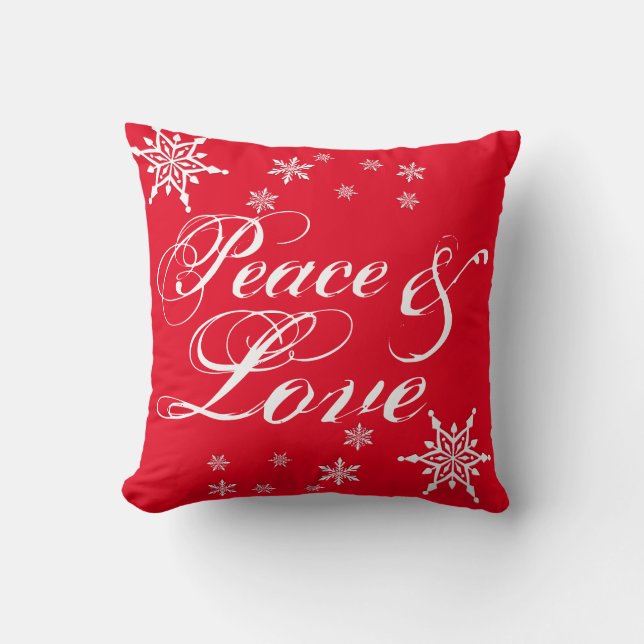 Red "Peace & Love " White Script Snow Flakes Cushion (Front)