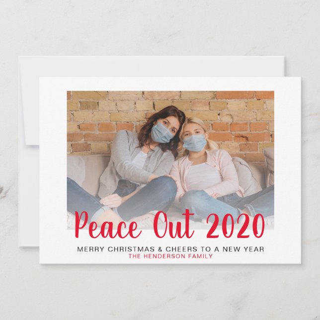 Red Peace Out 2020 Christmas New Year Photo Holiday Card (Front)