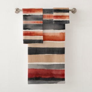 Red peach and black stripes bath towel set