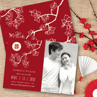 Red Peach Blossoms Chinese Double Happiness Photo Save The Date