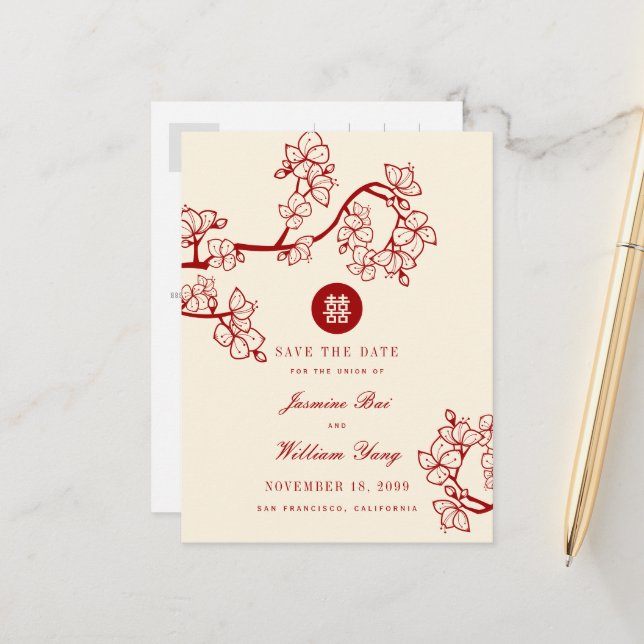 Red Peach Blossoms Double Happiness Save The Date Announcement Postcard (Front/Back In Situ)