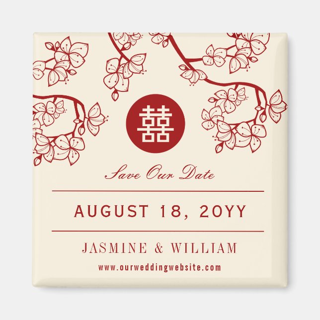 Red Peach Blossoms Double Happiness Save The Date  Magnet (Front)