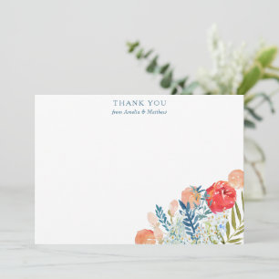 Red Peach Blue Watercolor Floral Personalised Name Thank You Card
