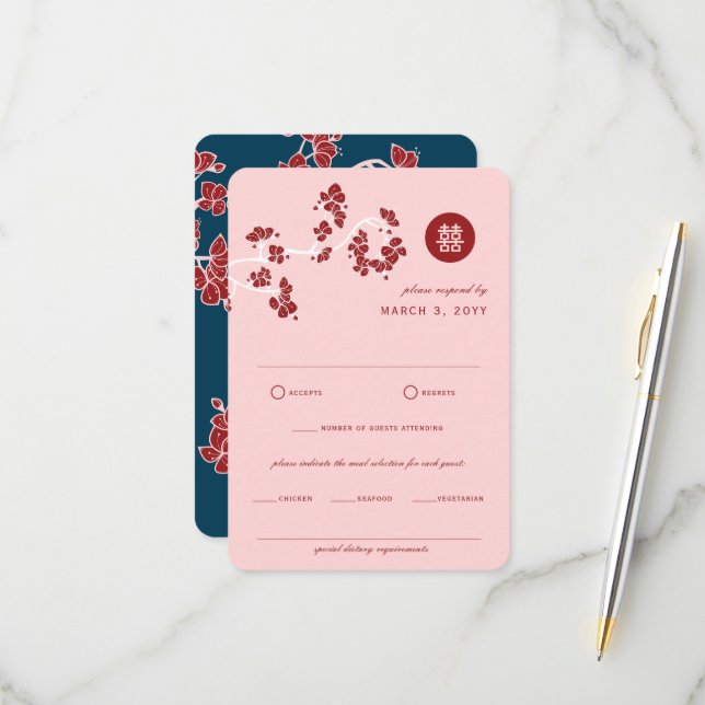 Red Peach/Plum Blossom Double Happiness Wedding RSVP Card (Front/Back In Situ)