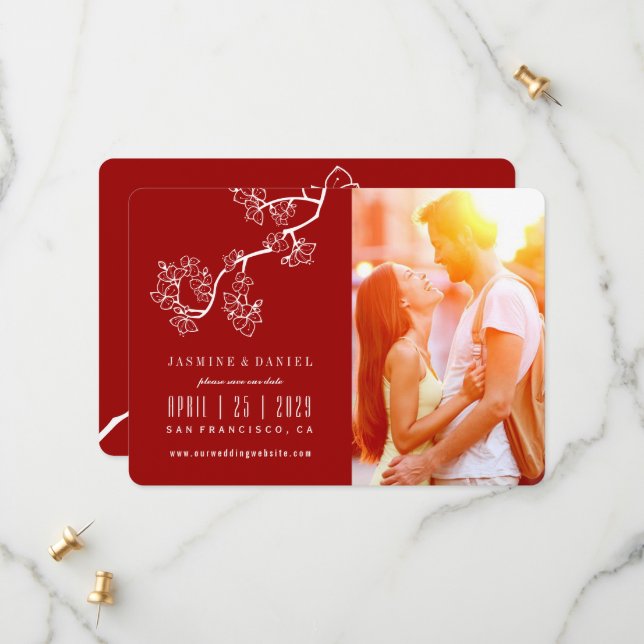 Red Peach/Plum Blossom Flowers Asian Wedding Photo Save The Date (Front/Back In Situ)