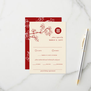 Red Peach/Plum Blossom Flowers Chic Asian Wedding RSVP Card