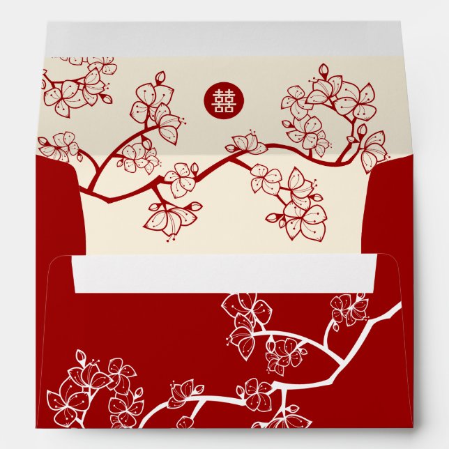 Red Peach/Plum Blossoms Double Happiness 囍 Wedding Envelope (Back (Bottom))
