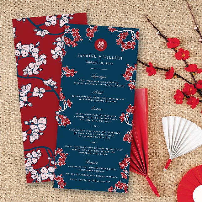 Red Peach/Plum Blossoms Double Happiness 囍 Wedding Menu (Red Peach/Plum Blossoms Double Happiness Floral Chinese Wedding Menu Card @ fatfatin_red_knot)