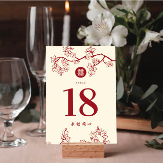 Red Peach/Plum Blossoms Double Happiness 囍 Wedding Table Number