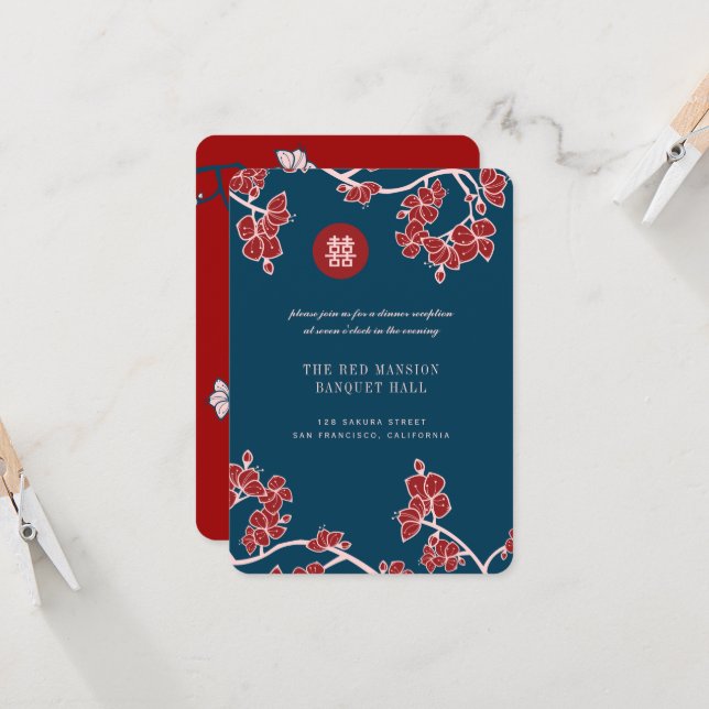Red Peach/Plum Blossoms Double Happiness Reception Invitation (Front/Back In Situ)