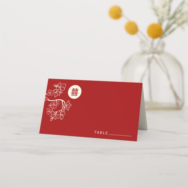 Red Peach/Plum Blossoms Double Happiness Wedding Place Card (Front)