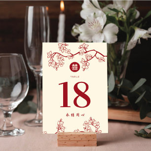 Red Peach/Plum Blossoms Double Happiness Wedding Table Number