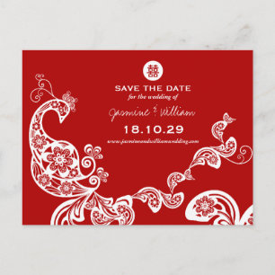 Red Peacock Double Happiness Chinese Save The Date Announcement Postcard