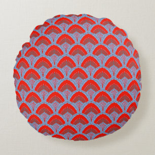 Red Peacock Feather Round Pillow One Owl Artist
