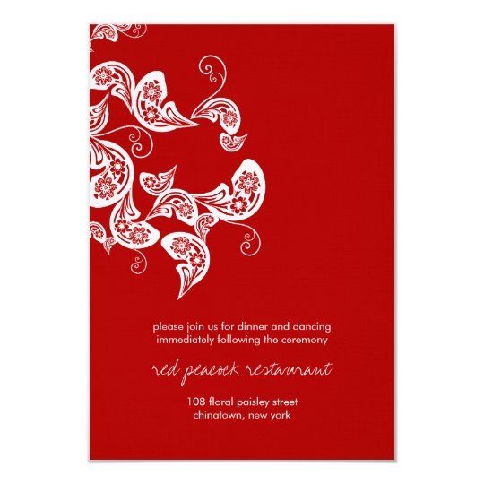 Red Peacock Floral Paisley Chic Wedding Reception Card