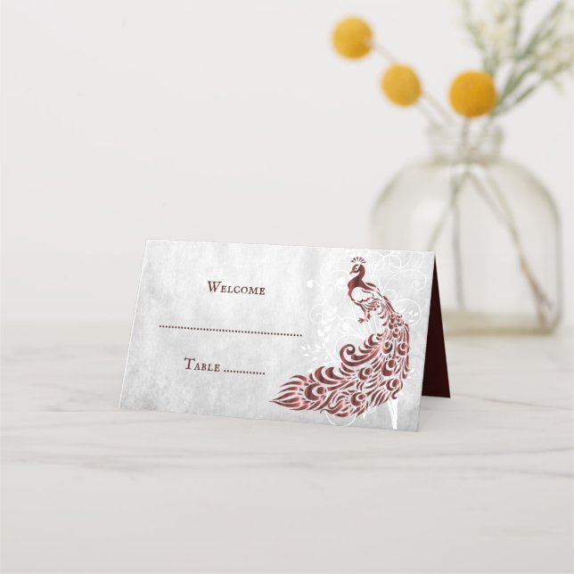 Red Peacock Leaf Vine Reception Place Card (Front)