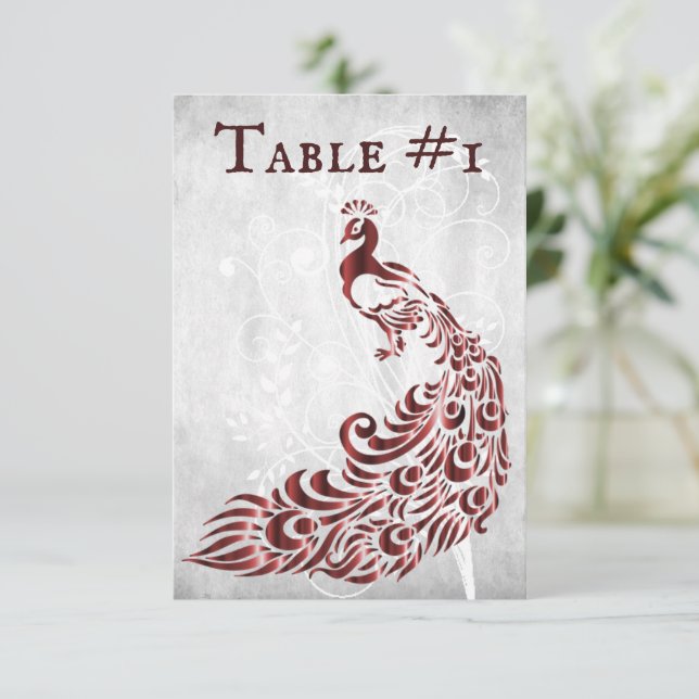 Red Peacock Leaf Vine Table Card (Standing Front)