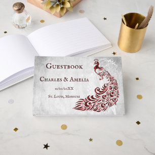 Red Peacock Leaf Vine Wedding Guestbook