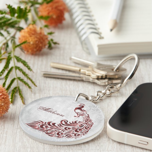Red Peacock Personalised Keychain (Front Right)