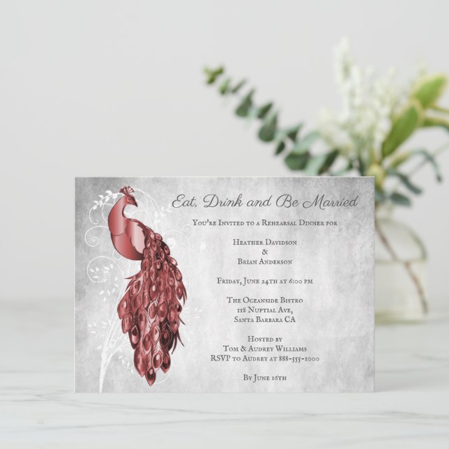 Red Peacock Rehearsal Dinner Invitation (Standing Front)