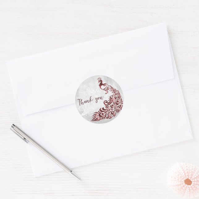 Red Peacock Thank You Classic Round Sticker (Envelope)