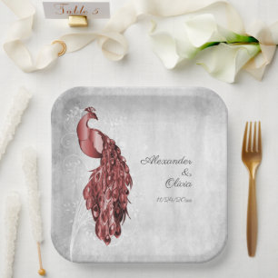 Red Peacock Wedding Shower Paper Plates