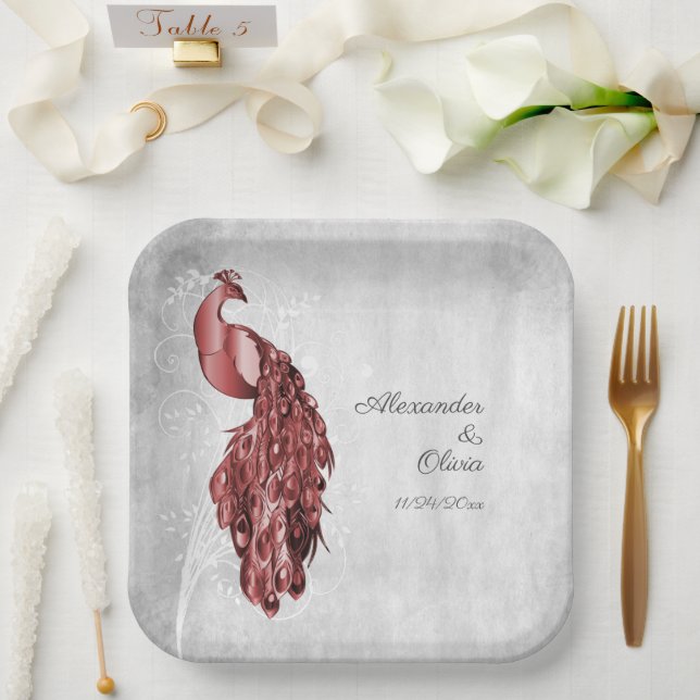 Red Peacock Wedding Shower Paper Plates (Wedding)