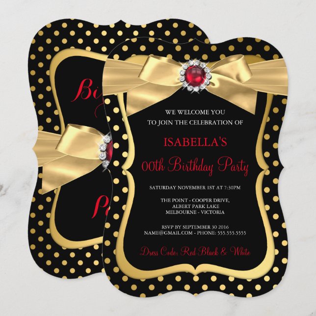 Red Pearl Gold Bow Black Polka Dot Birthday Party Invitation (Front/Back)