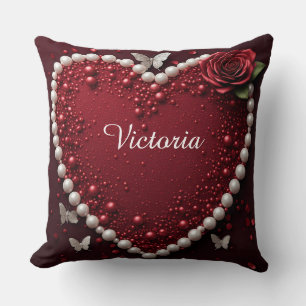 Red Pearl Heart With Roses For Valentine Decor ❤️ Cushion