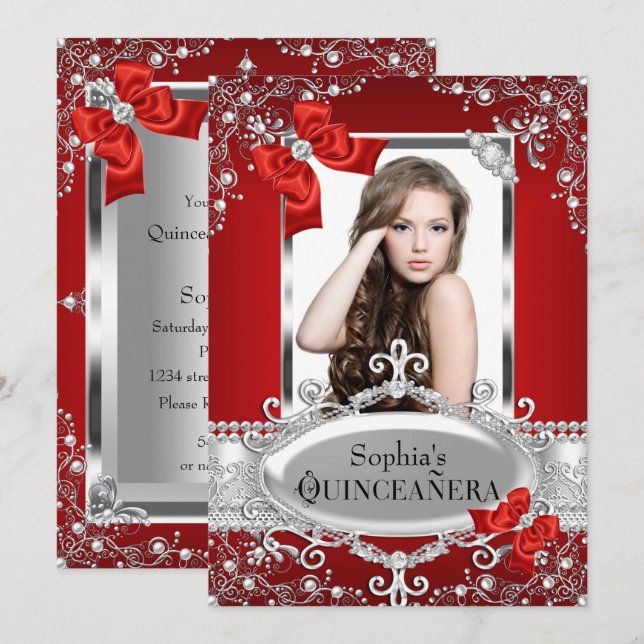 Red Pearl & Silk Bow Glamour Quinceanera Invitation (Front/Back)