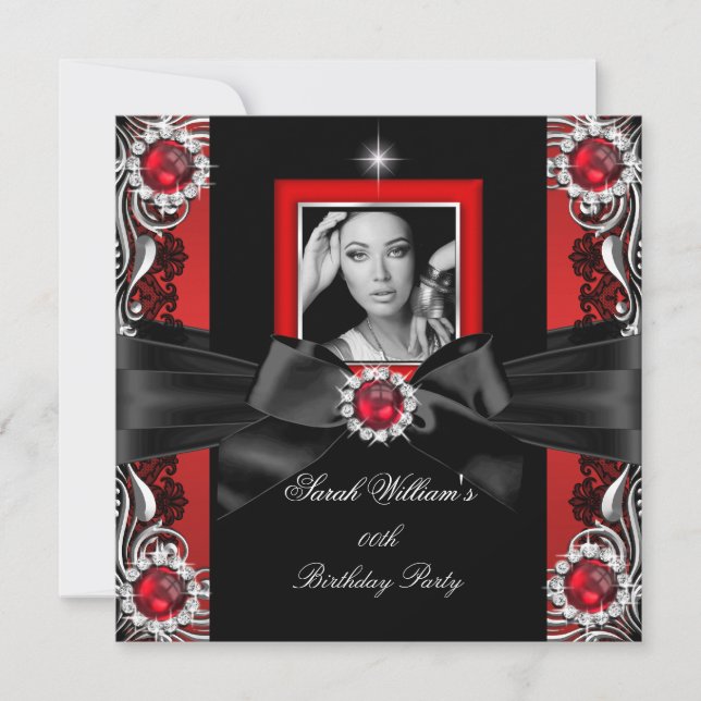 Red Pearls Birthday Party Black Silver Photo 2 Invitation (Front)