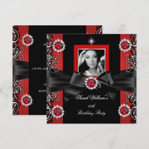 Red Pearls Birthday Party Black Silver Photo Invitation