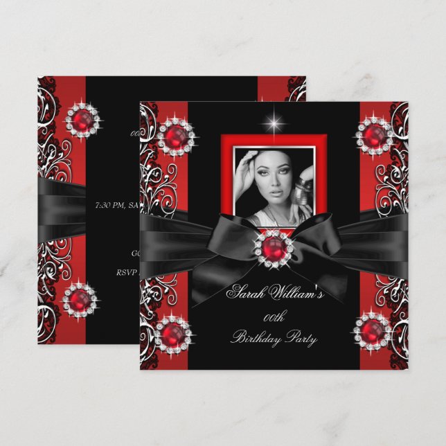 Red Pearls Birthday Party Black Silver Photo Invitation (Front/Back)