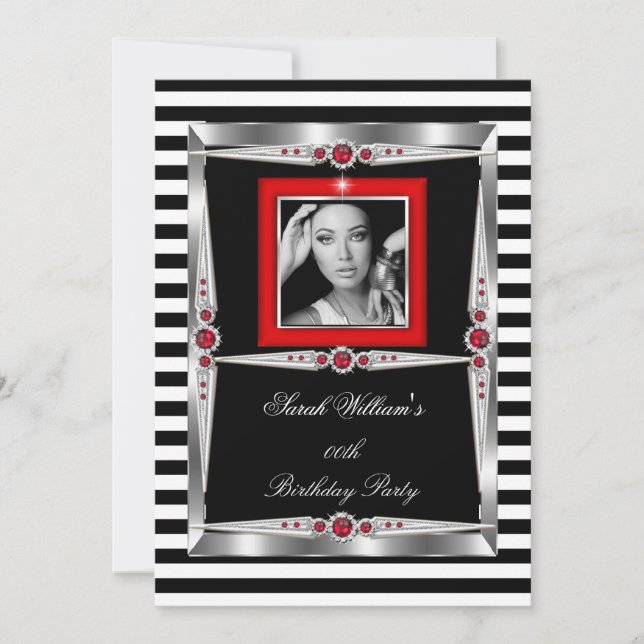 Red Pearls Birthday Party Black White Stripe Photo Invitation (Front)
