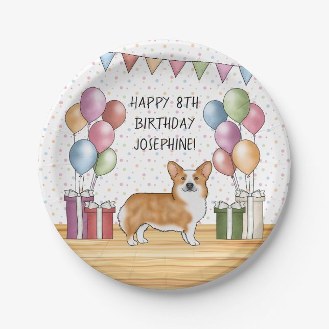 Red Pembroke Welsh Corgi Colourful Happy Birthday Paper Plate (Front)