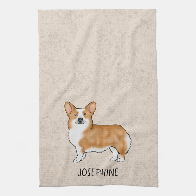 Red Pembroke Welsh Corgi Cute Dog With Custom Text Tea Towel (Vertical)