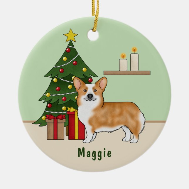 Red Pembroke Welsh Corgi Dog And Christmas Tree Ceramic Tree Decoration (Front)