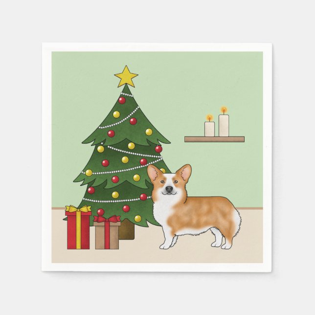 Red Pembroke Welsh Corgi Dog And Christmas Tree Napkin (Front)