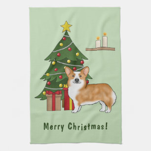 Red Pembroke Welsh Corgi Dog And Christmas Tree Tea Towel