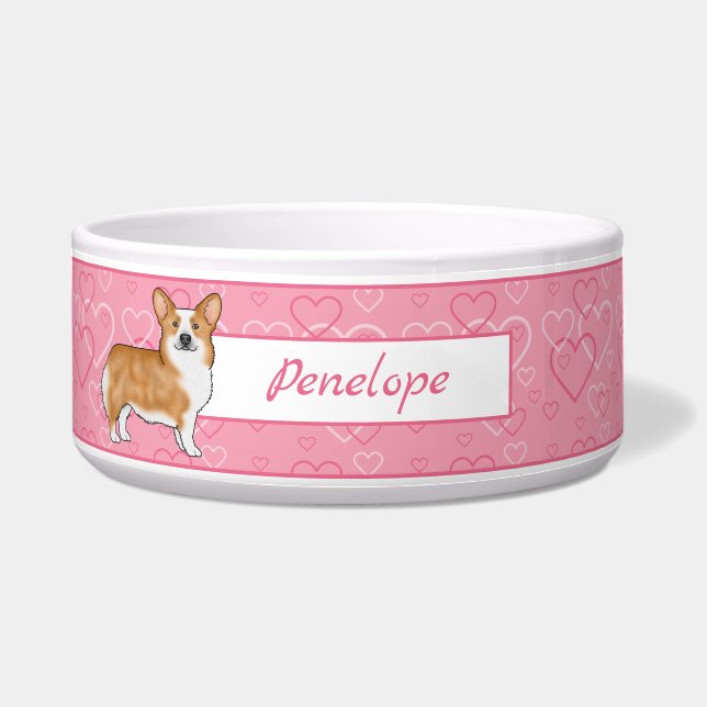 Red Pembroke Welsh Corgi On Pink Hearts With Name (Front)
