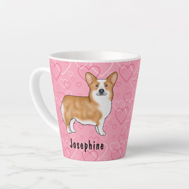 Red Pembroke Welsh Corgi On Pink Hearts With Name Latte Mug (Left Angle)